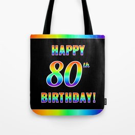 [ Thumbnail: Fun, Colorful, Rainbow Spectrum “HAPPY 80th BIRTHDAY!” Tote Bag ]