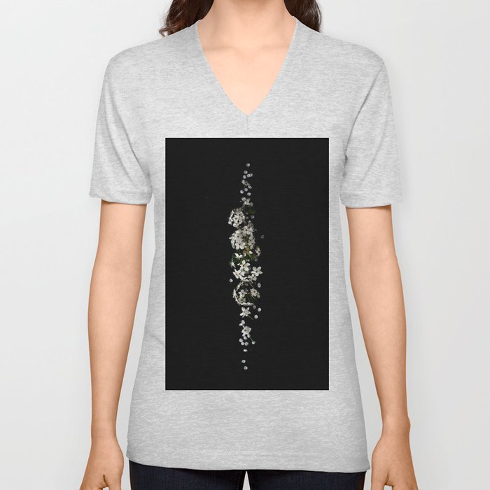 White Floral Minimalism (Black and White) V Neck T Shirt