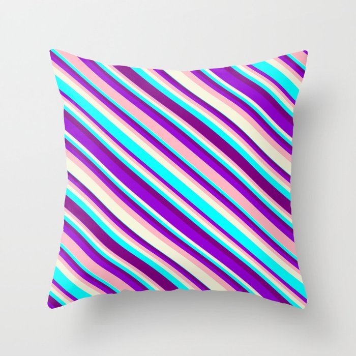 Dark Violet, Light Pink, Beige, Cyan, and Purple Colored Lines Pattern Throw Pillow