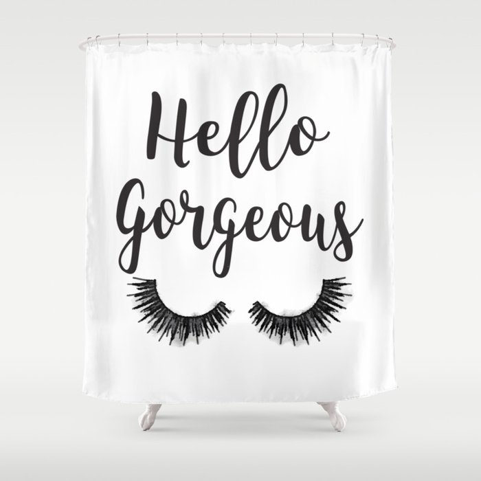 Hello Gorgeous Lashes Lash Eyelash Eyelashes Black White Black Watercolor Shower Curtain By Amandagreenwood Society6
