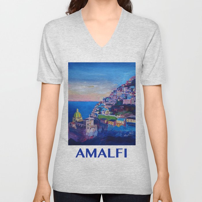 Retro Vintage Style Travel Poster Amazing Amalfi Coast At Sunset V Neck T Shirt