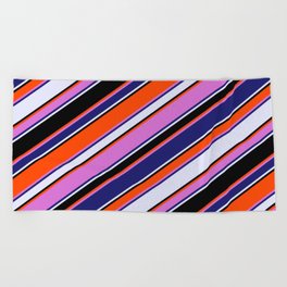 [ Thumbnail: Vibrant Red, Orchid, Midnight Blue, Lavender, and Black Colored Lines Pattern Beach Towel ]