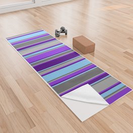 [ Thumbnail: Eye-catching Light Sky Blue, Indigo, Purple, Dark Gray & Dim Grey Colored Lines Pattern Yoga Towel ]