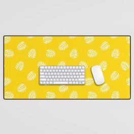 White And Yellow Tropical Leaf Pattern Desk Mat