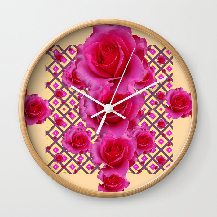 Red & Cream Fuchsia Roses Pattern Wall Clock