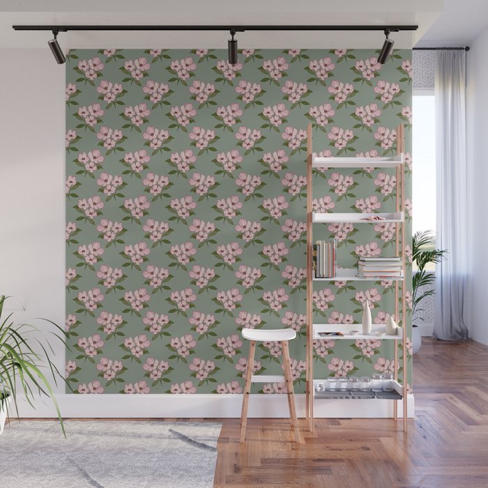 Vintage pink floral with green leaves seamless pattern on green background Wall Mural