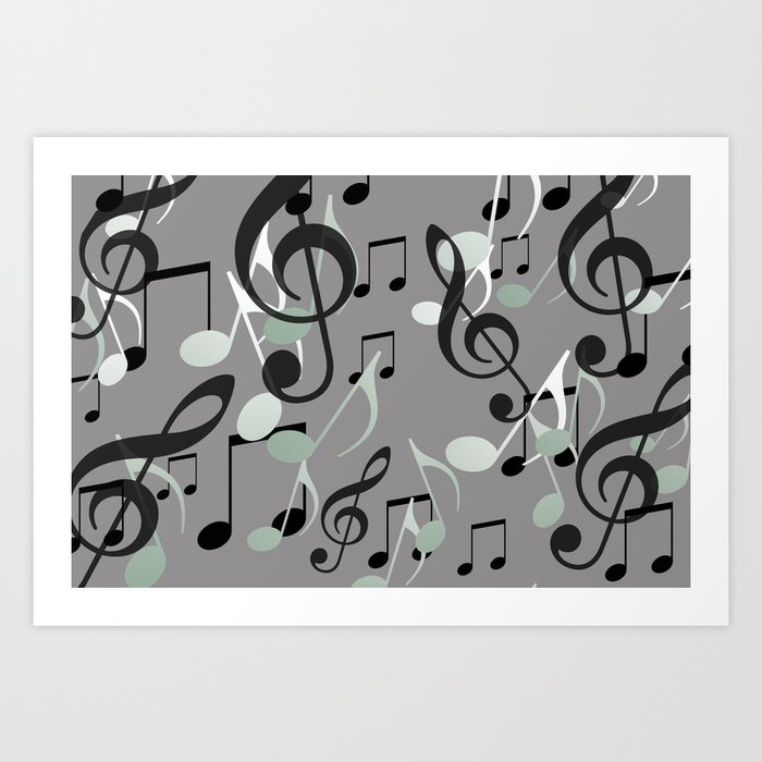 Many Music Notes with clef grey and black Art Print