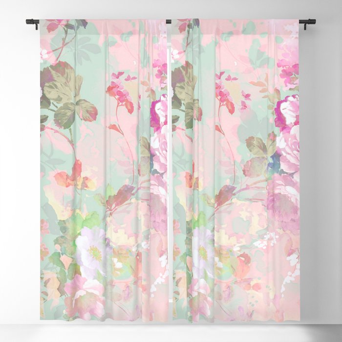 Vintage botanical blush pink mint green floral pattern Blackout Curtain