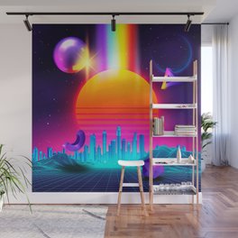 Neon sunset, city and sphere Wall Mural