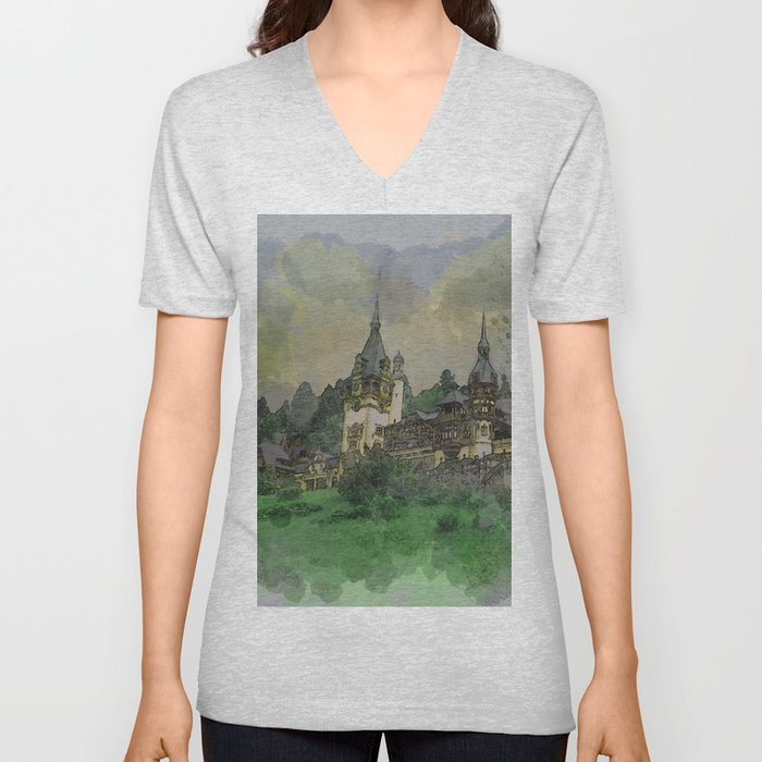 Peles Castle Romania Watercolor V Neck T Shirt