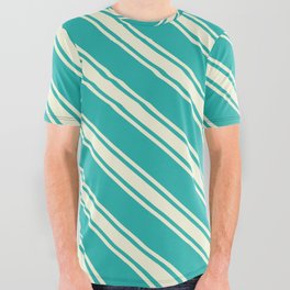[ Thumbnail: Light Sea Green & Beige Colored Lined/Striped Pattern All Over Graphic Tee ]