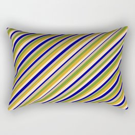 [ Thumbnail: Vibrant Dark Blue, Tan, Green, Goldenrod & Bisque Colored Striped Pattern Rectangular Pillow ]