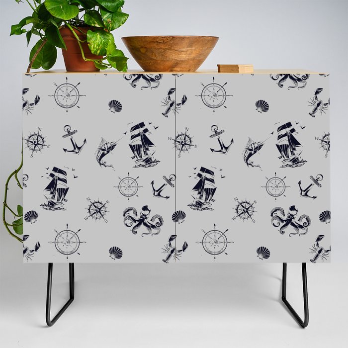 Light Grey And Blue Silhouettes Of Vintage Nautical Pattern Credenza