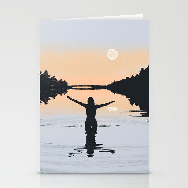Moonlight Bath in lake Stationery Cards