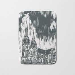 Sapphorica Creations- Linocut Holy Rosary Church Bath Mat | Lino, Sapphorica Creations, Steeple, Printmaking, Linocut, Expressionist, Gothic, City, Painting, Church 
