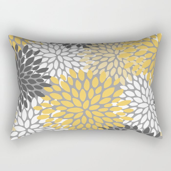 Modern Flowers Print, Yellow, White and Charcoal Grey Rectangular Pillow