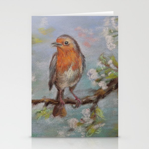 Red Robin Small bird on a blooming twig Wildlife spring scene Pastel drawing Stationery Cards