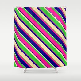 [ Thumbnail: Lime Green, Deep Pink, Blue, and Tan Colored Striped Pattern Shower Curtain ]