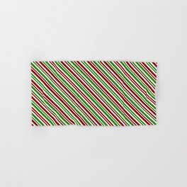 [ Thumbnail: Festive, Fun Christmas Themed Red, White & Green Colored Striped Pattern Hand & Bath Towel ]