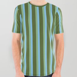 [ Thumbnail: Light Sky Blue, Dark Sea Green, and Dark Olive Green Colored Striped Pattern All Over Graphic Tee ]