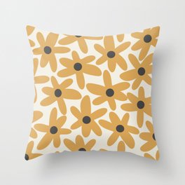 Daisy Time Retro Floral Pattern in Muted Mustard Gold, Charcoal Grey, and Cream Throw Pillow