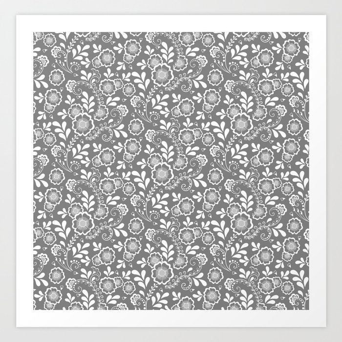 Grey And White Eastern Floral Pattern Art Print