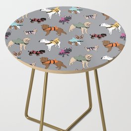 Dog Sharks (dogs in shark life-jackets) on grey Side Table