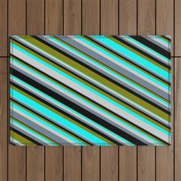 [ Thumbnail: Colorful Black, Green, Aqua, Light Gray, and Slate Gray Colored Stripes/Lines Pattern Outdoor Rug ]