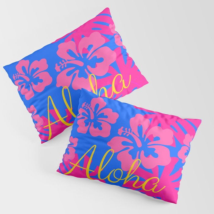 Aloha! with Lush Bright Pink Tropical Leaves, Flowers, and Blue Skies  Pillow Sham