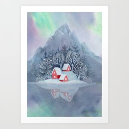 Winter Village Art Print | Borealis, Frost, Cozy, Yule, Ice, Northernlights, Mountain, Cottage, Christmas, North 