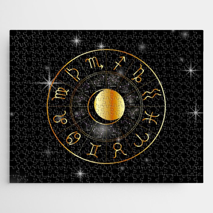 Zodiac astrology wheel Golden astrological signs with moon and stars Jigsaw Puzzle