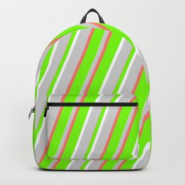 [ Thumbnail: Green, White, Light Gray & Salmon Colored Striped/Lined Pattern Backpack ]