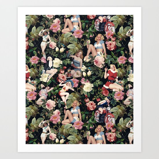 Floral and Pin Up Girls Pattern Art Print