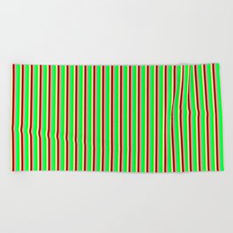 [ Thumbnail: Eyecatching Lime, Green, Light Salmon, Dark Red, and Beige Colored Lines Pattern Beach Towel ]