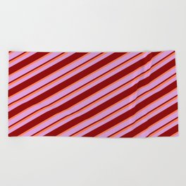 [ Thumbnail: Coral, Plum & Dark Red Colored Striped Pattern Beach Towel ]