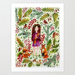 Autumn Girl with Foxes Art Print