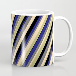[ Thumbnail: Vibrant Dim Grey, Tan, Dark Khaki, Black, and Midnight Blue Colored Lines Pattern Coffee Mug ]