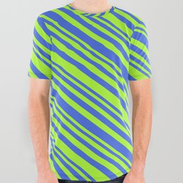 [ Thumbnail: Light Green & Royal Blue Colored Lines/Stripes Pattern All Over Graphic Tee ]