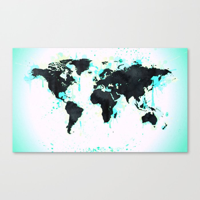 World Map Turquoise Paint and Black Ink Canvas Print