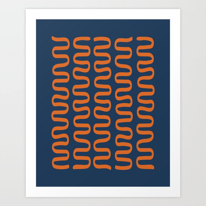 Abstract Shapes 268 in Navy Blue and Orange (Snake Pattern Abstraction) Art Print