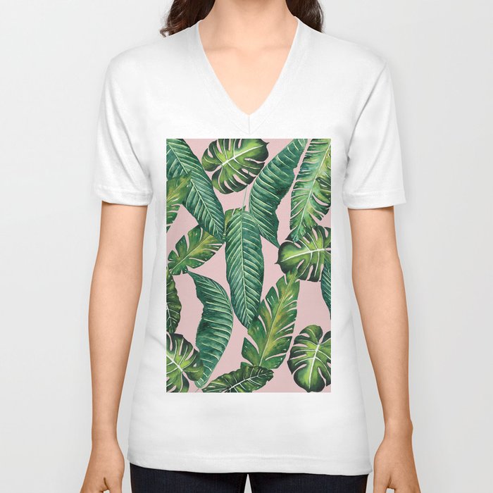 Jungle Leaves, Banana, Monstera II Pink #society6 V Neck T Shirt