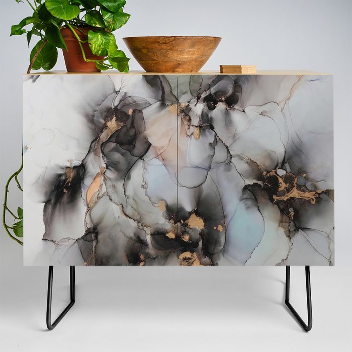Acrobats Fluid Abstract Art Gold and Dark Blue  Credenza