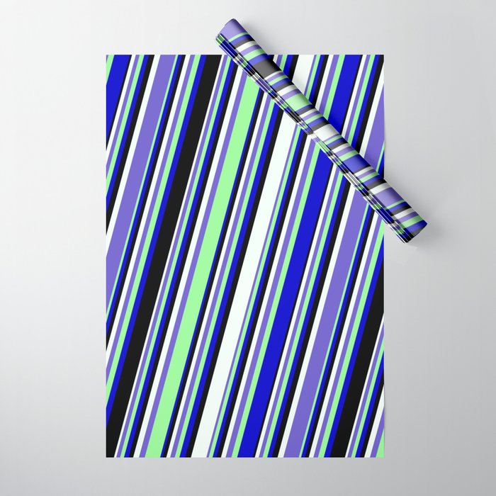 Mint Cream, Slate Blue, Green, Blue, and Black Colored Pattern of Stripes Wrapping Paper