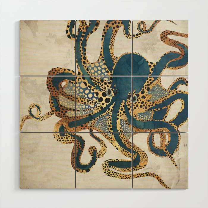Underwater Dream VI Wood Wall Art | Graphic-design, Digital, Watercolor, Octopus, Marine, Sea, Nature, Abstract, Contemporary, Gold