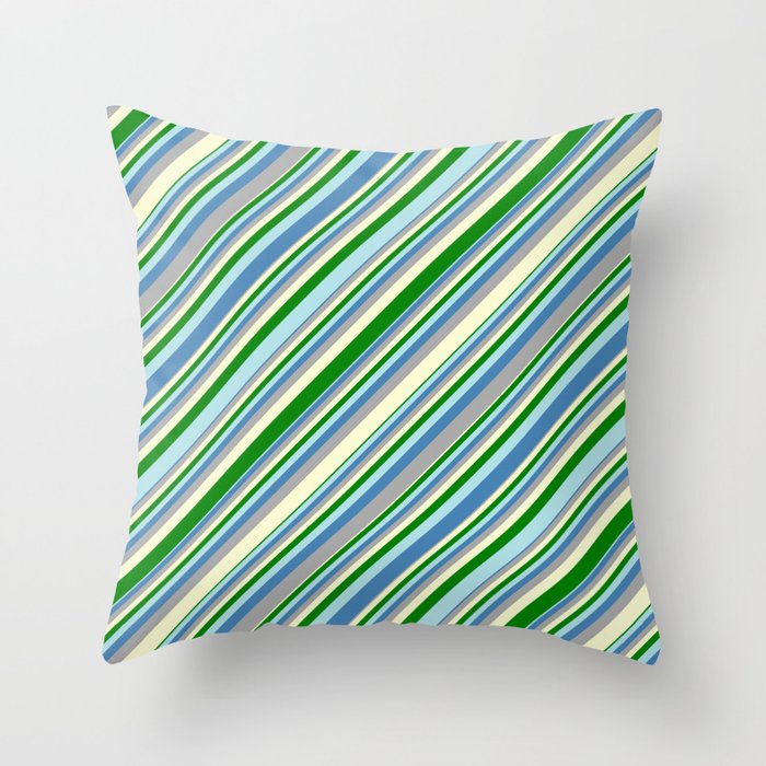 Eye-catching Blue, Dark Gray, Light Yellow, Green, and Powder Blue Colored Lined Pattern Throw Pillow