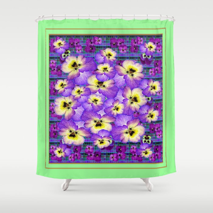 Purple Pansies Garden In Green Jade Color Frame Abstract Shower Curtain By Sharlesart