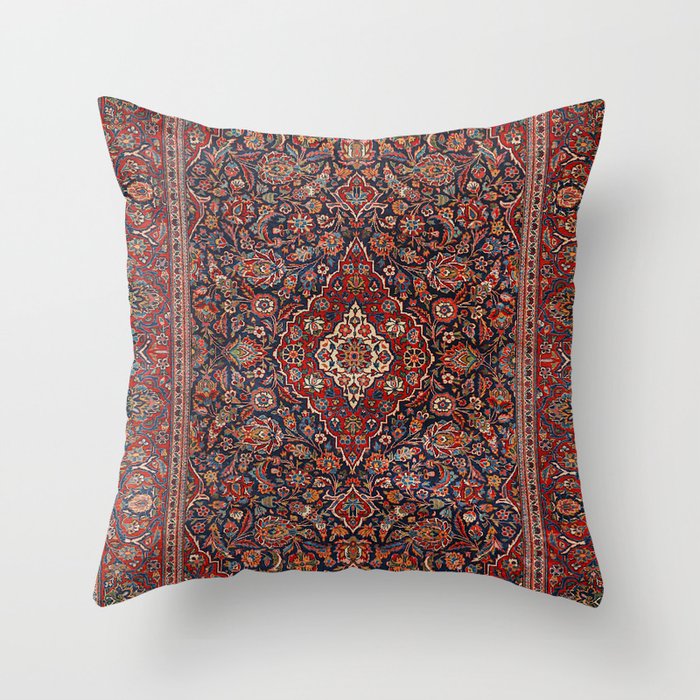 Persia Kurk Kashan Old Century Authentic Colorful Surreal Red Collage Vintage Rug Pattern Throw Pillow