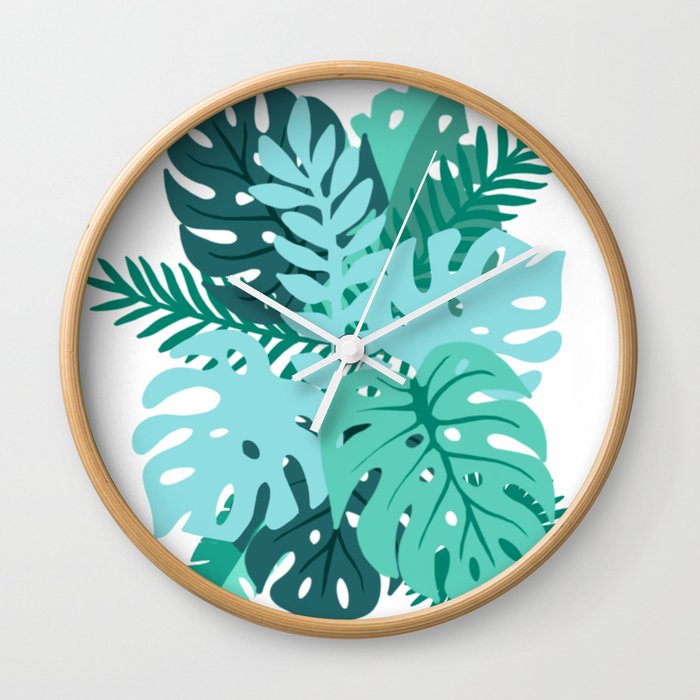 Blue and Green Tropical Leaves Wall Clock