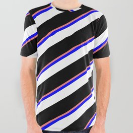 [ Thumbnail: Light Coral, Blue, White & Black Colored Striped Pattern All Over Graphic Tee ]