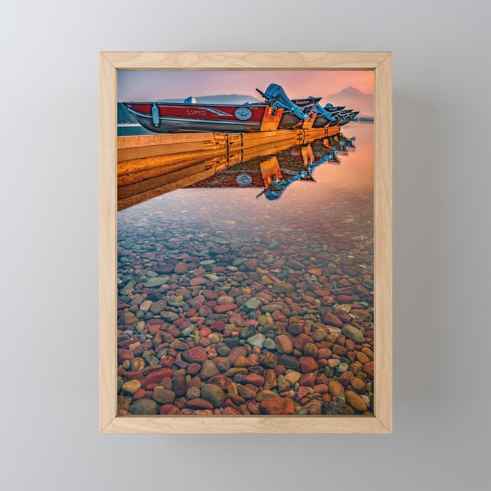 Docked Boats And Colorful Rocks Of Lake McDonald Montana Framed Mini Art Print